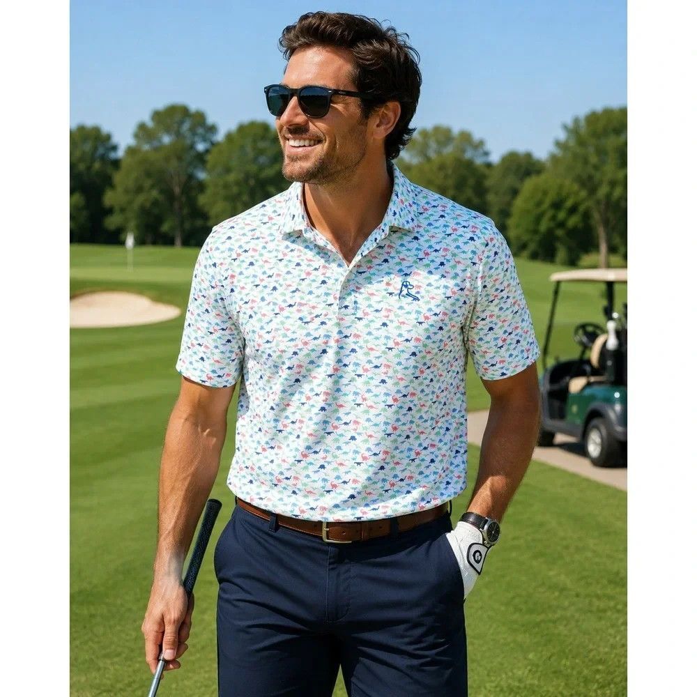 Rhoback Performance Polo XL The Jurassic Dinosaur Print Golf Preppy Novelty Dad